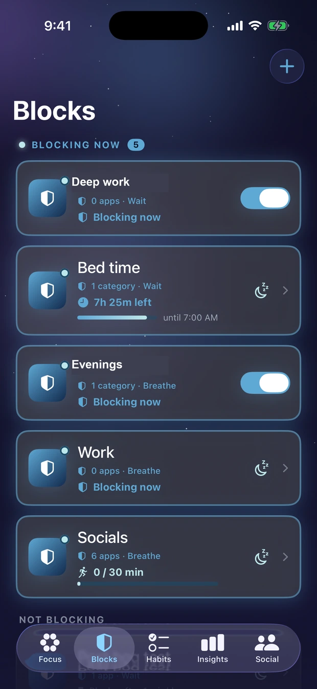 Blocks list with five blocks active, one counting down to 7:00 AM and one on a 30-minute daily limit.
