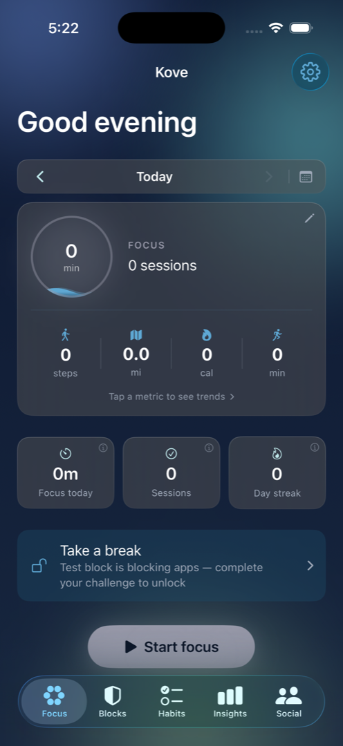 Kove's Focus screen on iPhone, showing a focus-time ring, step and activity tiles, and a card offering to take a break from an active block.