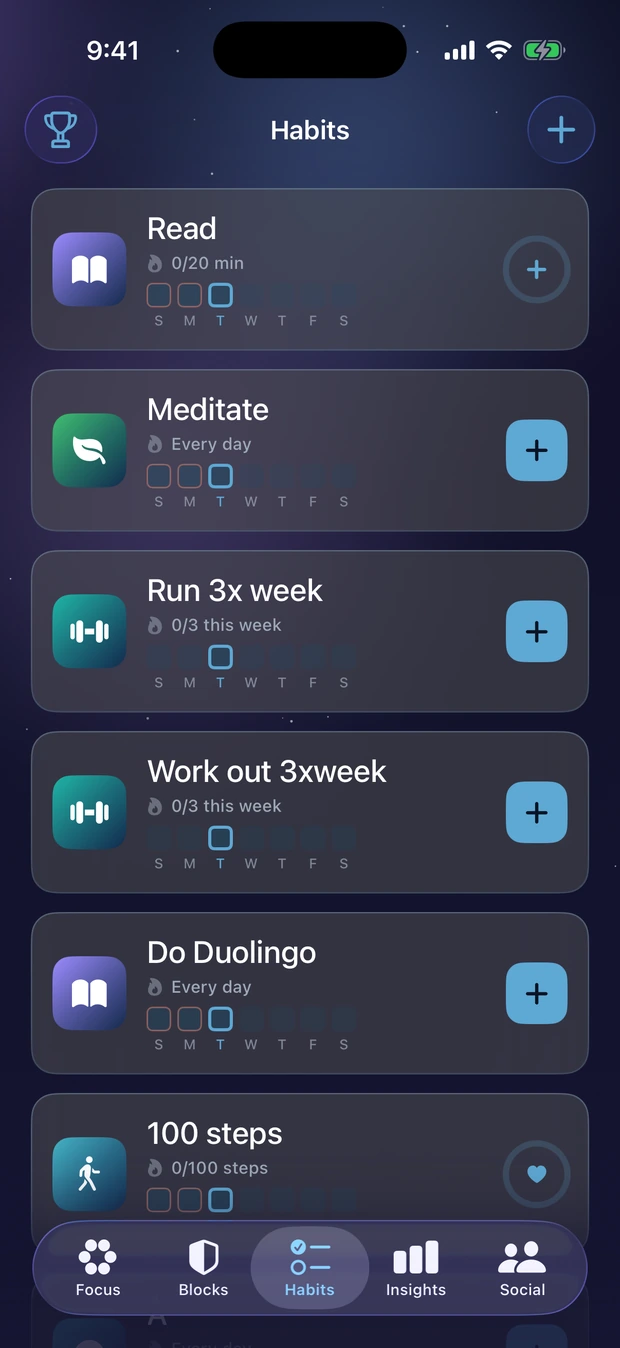 Habits list with reading, meditation, running three times a week, and a step goal.