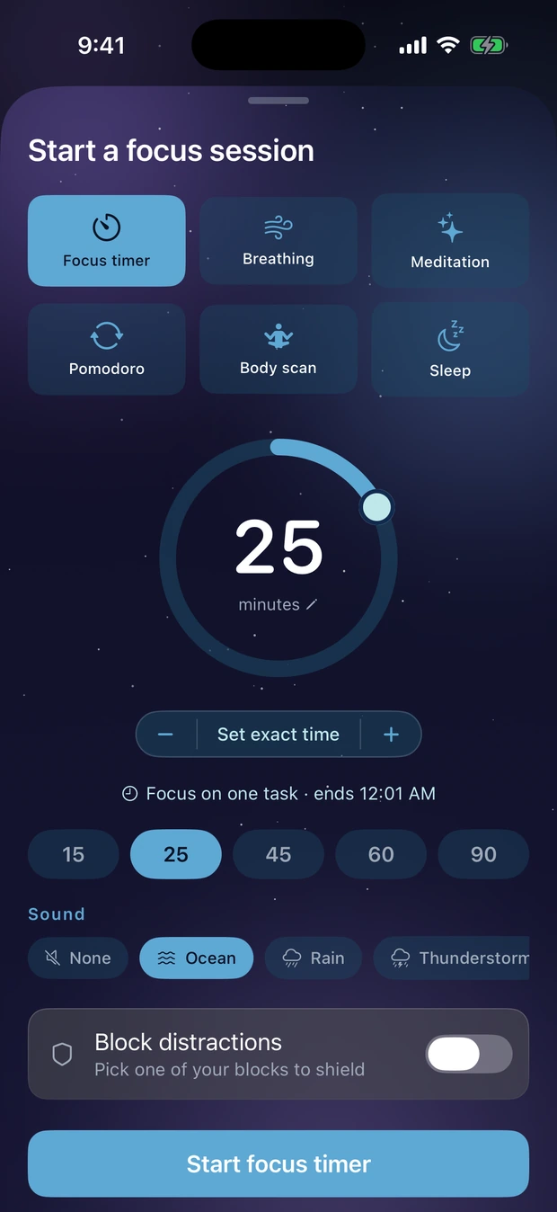 Session picker with six session types, a duration dial set to 25 minutes, soundscape options, and a block-distractions toggle.