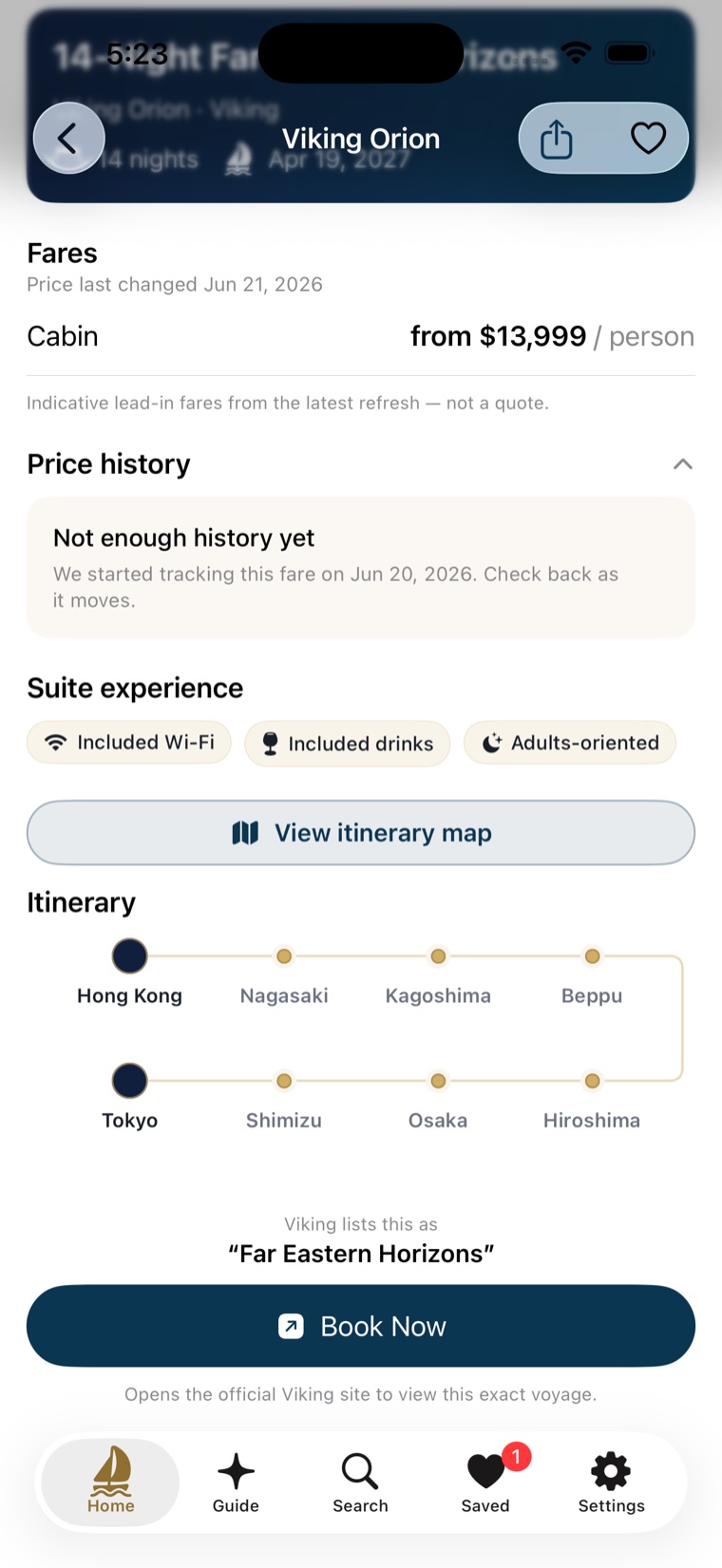 A sailing detail showing suite-experience chips (Included Wi-Fi, Included drinks, Adults-oriented), the port-by-port itinerary timeline from Hong Kong to Tokyo, and a Book Now button noting it opens the cruise line's official site for the exact voyage.