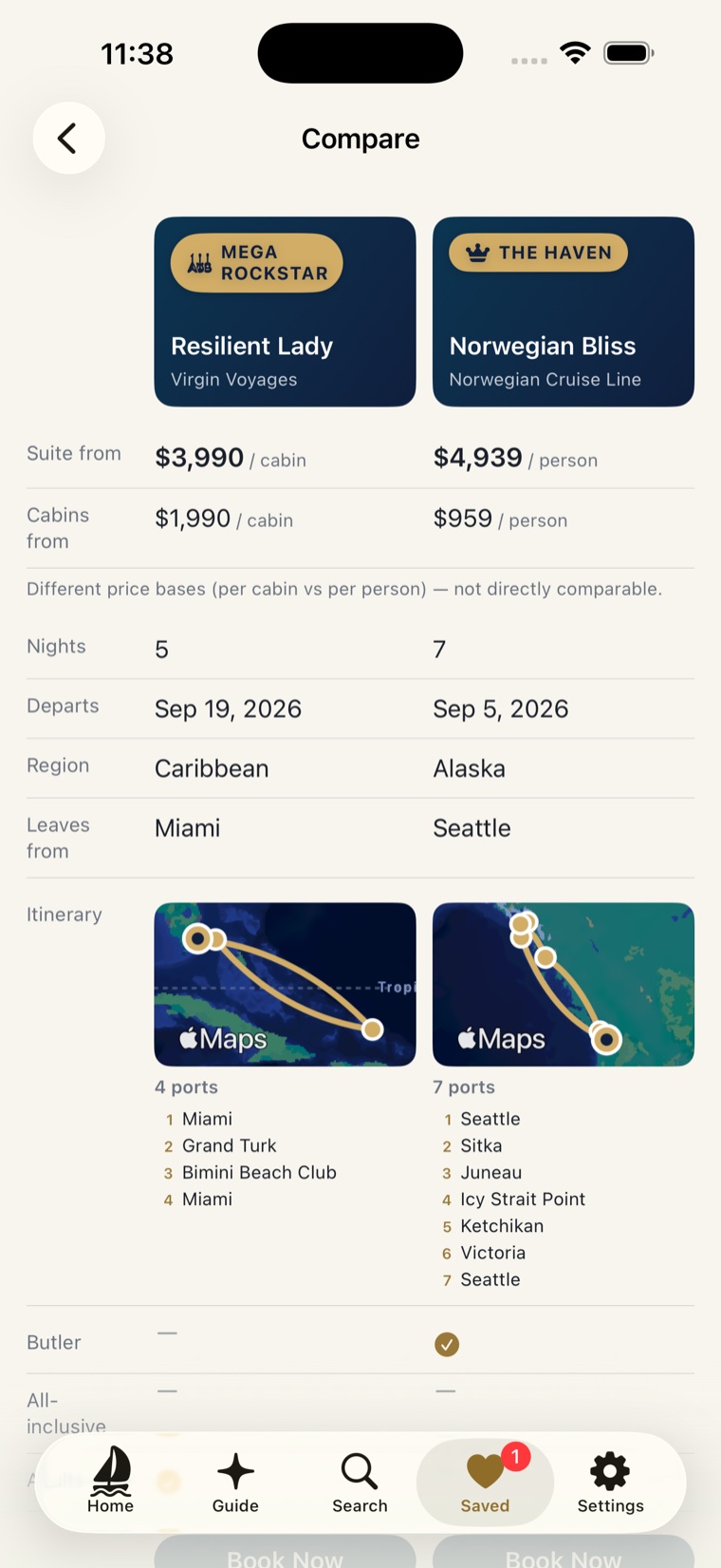 The Compare screen: two saved sailings side by side with aligned rows for suite and cabin fares, a note that per-cabin and per-person prices aren't directly comparable, nights, region, departure port, an itinerary map and port list for each, plus butler and all-inclusive.
