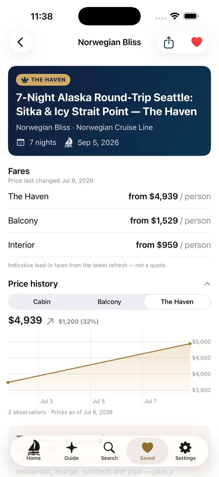 A sailing detail for a 7-night Alaska voyage in NCL's The Haven: fares by grade — The Haven from $4,939, Balcony from $1,529, Interior from $959 per person, marked 'not a quote' — above a Price History chart with a Cabin / Balcony / Haven toggle.