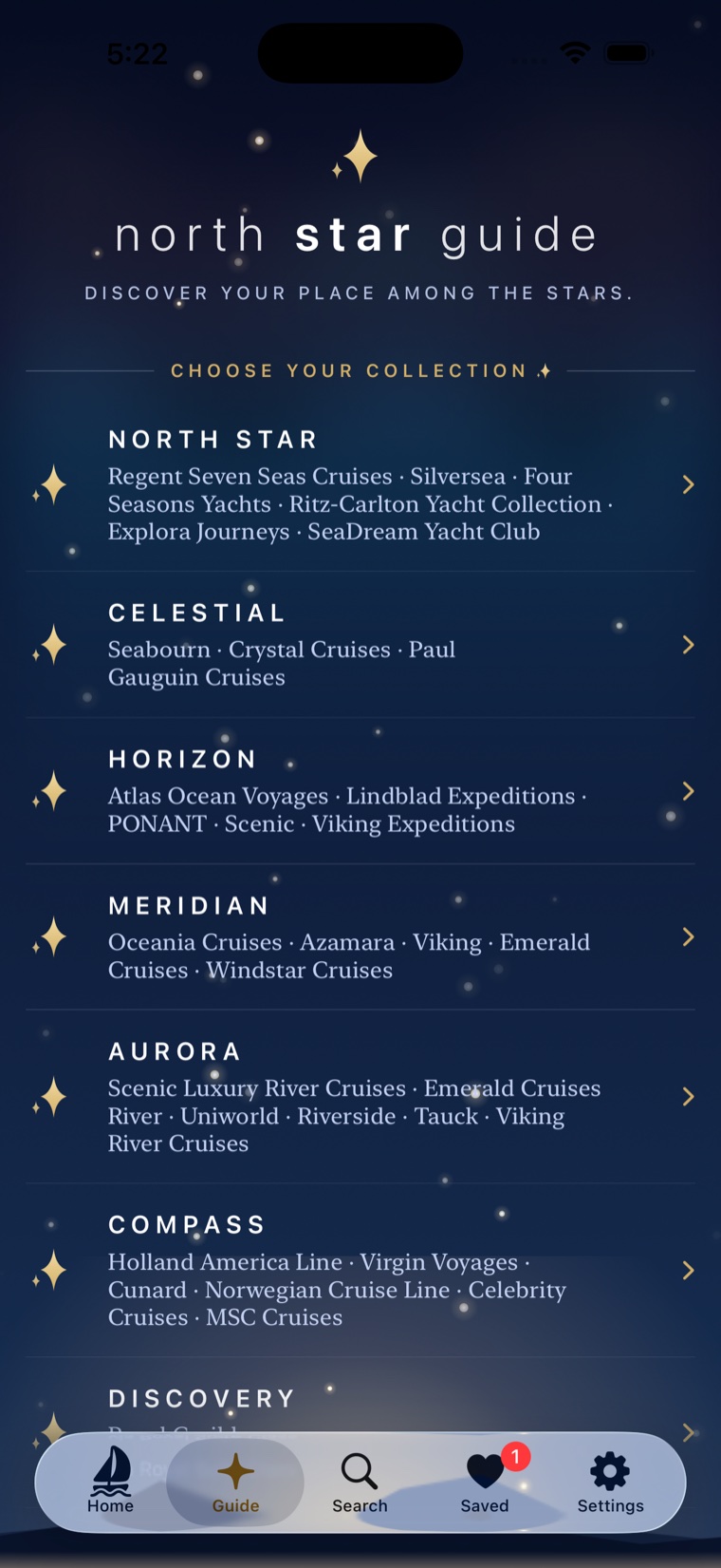 The North Star Guide screen: cruise lines grouped into celestial collections — North Star, Celestial, Horizon, Meridian, Aurora, Compass — over a night-sky backdrop.