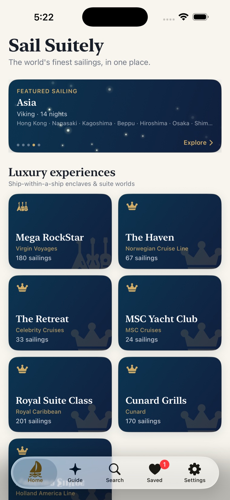 Sail Suitely home screen: a Featured Sailing spotlight and a grid of luxury suite enclaves — Mega RockStar, The Haven, The Retreat, MSC Yacht Club, Royal Suite Class, Cunard Grills.