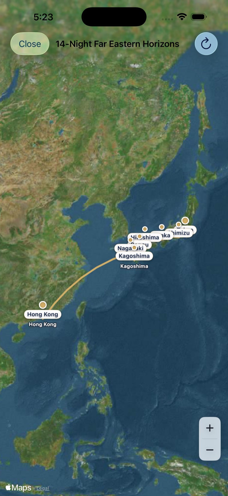 A full-screen itinerary map showing a 14-night Hong Kong to Japan voyage, with a gold route arc and labelled port pins at Hong Kong, Kagoshima, Nagasaki, Hiroshima, Osaka and Shimizu.