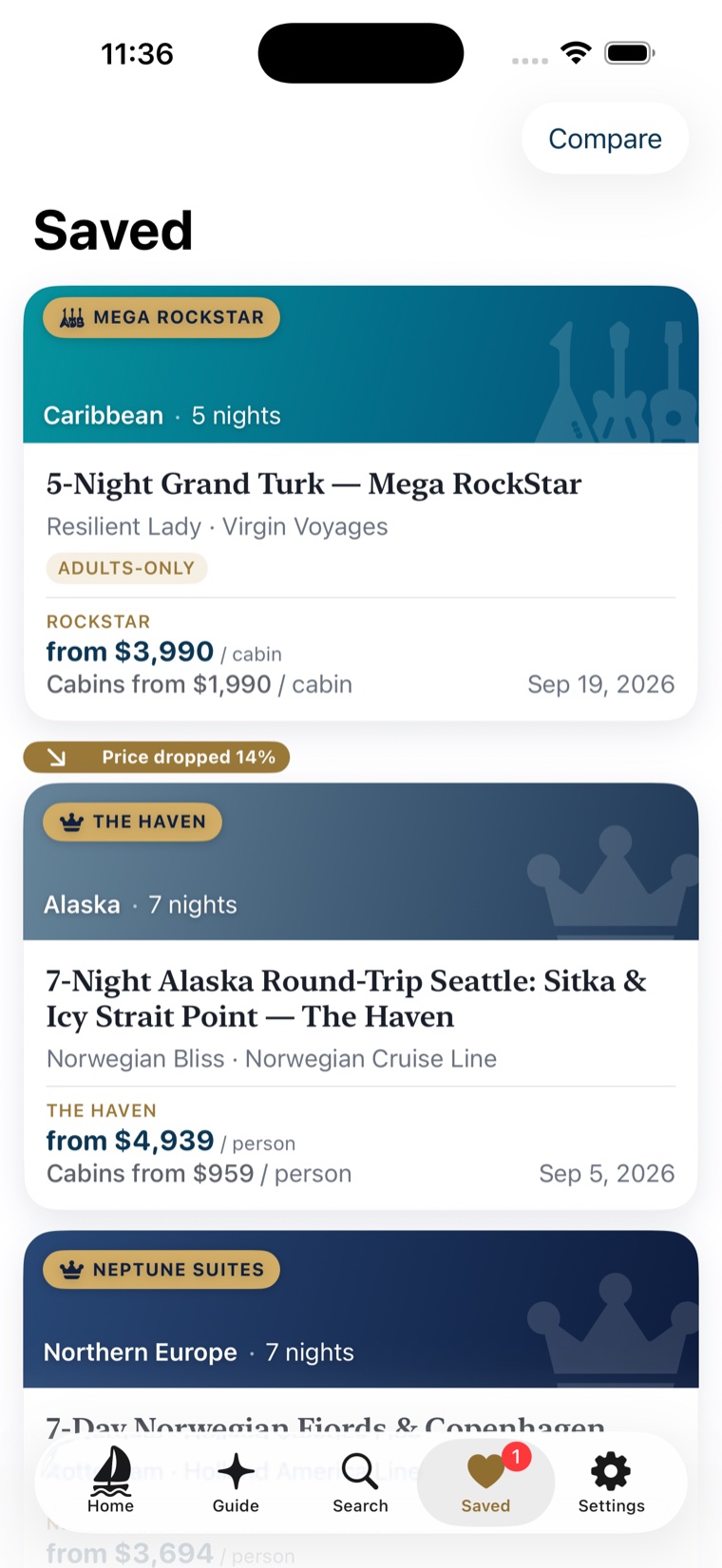 The Saved screen: favorited sailings as rich cards showing the enclave badge, region and nights, ship and line, an ADULTS-ONLY tag, suite and cabin 'from' fares and the sailing date — with a gold 'Price dropped 14%' pill on one card.